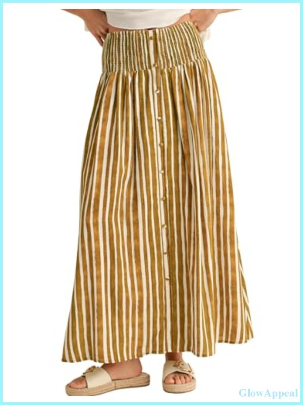 Women's Striped Maxi Skirt Front Buttons Elastic Waistband A-Line Boho Long